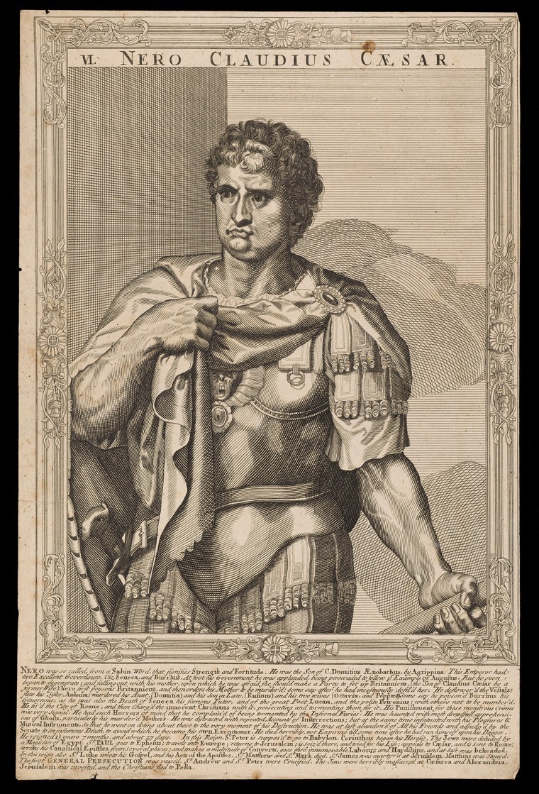 Nero Claudius Caesar. Bears number: VI. Extensive biography of Nero in English prose engraved below the portrait.