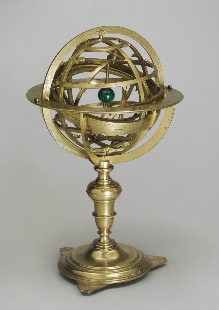 Italian armillary sphere with green malachite earth, 1648.