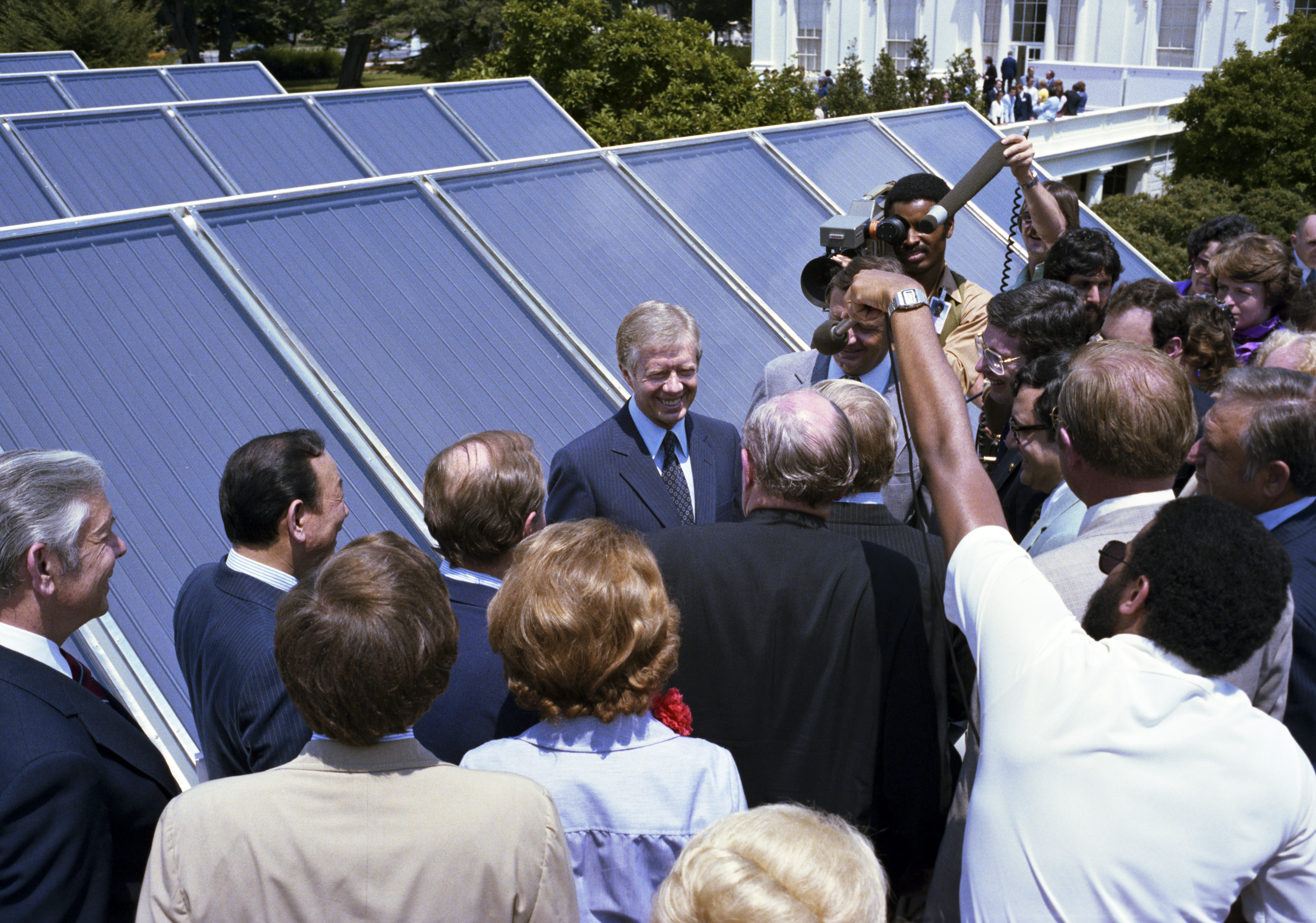 President Jimmy Carter dedicating the solar-thermal panels on the roof of the White House, 20 June 1979.