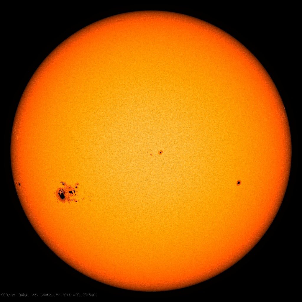 A giant sunspot on the surface of the Sun from 20 October 2014. Image by NASA's Solar Dynamics Observatory