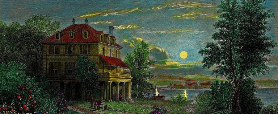 Villa Diodati on the shores of Lake Geneva, where Byron spent the summer of 1816. Engraving by Francis Edward Finden