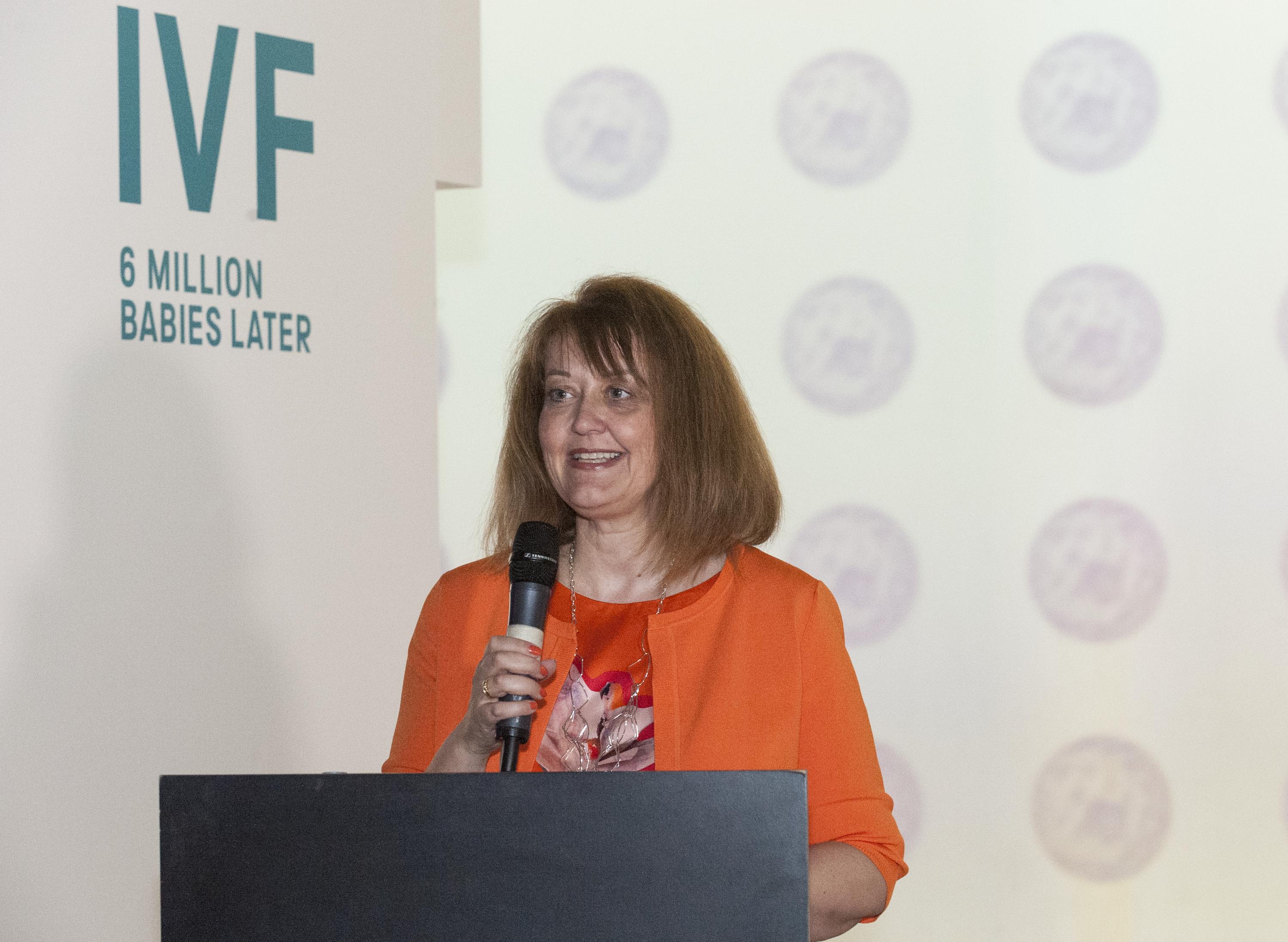 Sally Cheshire, chair of the Human Fertilisation and Embryology Authority. Speaking at the press launch of IVF: 6 Million Babies Later. An exhibition marking the 40th anniversary of the 'miraculous' birth of Louise Brown on 25 July 1978. The exhibition explores the ten years of testing, hundreds of failed attempts and many setbacks faced by Robert Edwards, Patrick Steptoe and Jean Purdy, in their quest to treat infertility and achieve the first successful IVF birth.