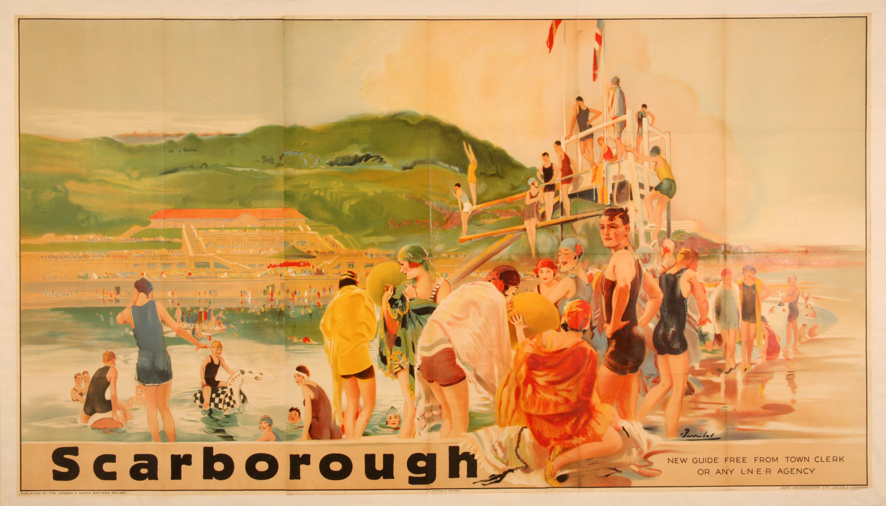 London & North Eastern Railway poster of Scarborough by William H Barribal, c. 1925, depicting bathers