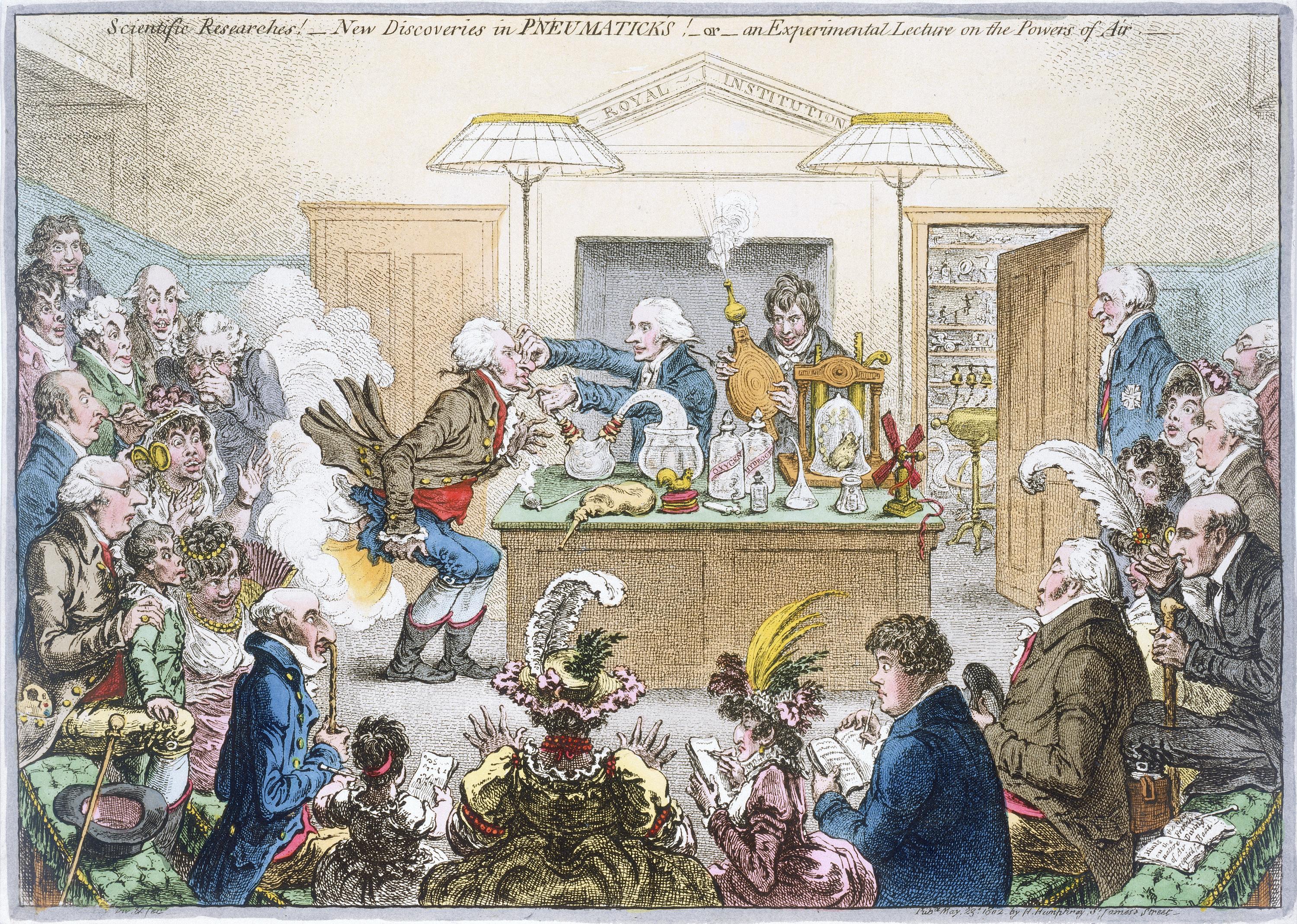 ‘Scientific Researches! - New Discoveries in Pneumaticks!’ by James Gilray, 1802, showing the chemist Humphry Davy (with bellows), who believed the Cornish sea-air had cured his illness when he visited his mother in Penzance in 1800