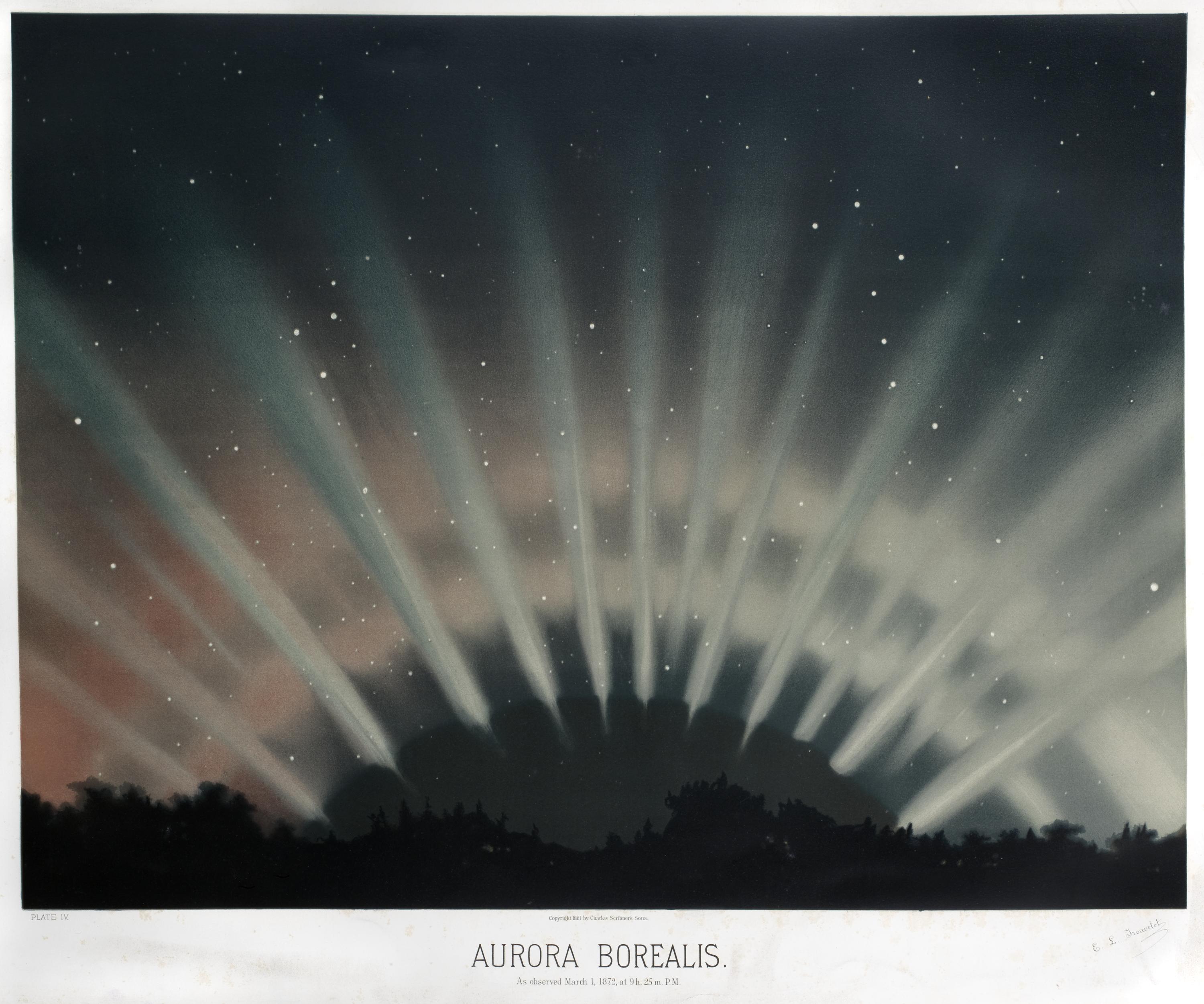 Aurora Borealis, 1872. Lithograph in colour, in original binder: Aurora Borealis; observed 1 March 1872. 