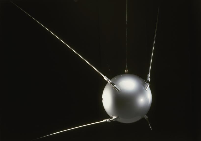 Replica Sputnik 1, the first artificial Earth satellite, on display in Exploring Space