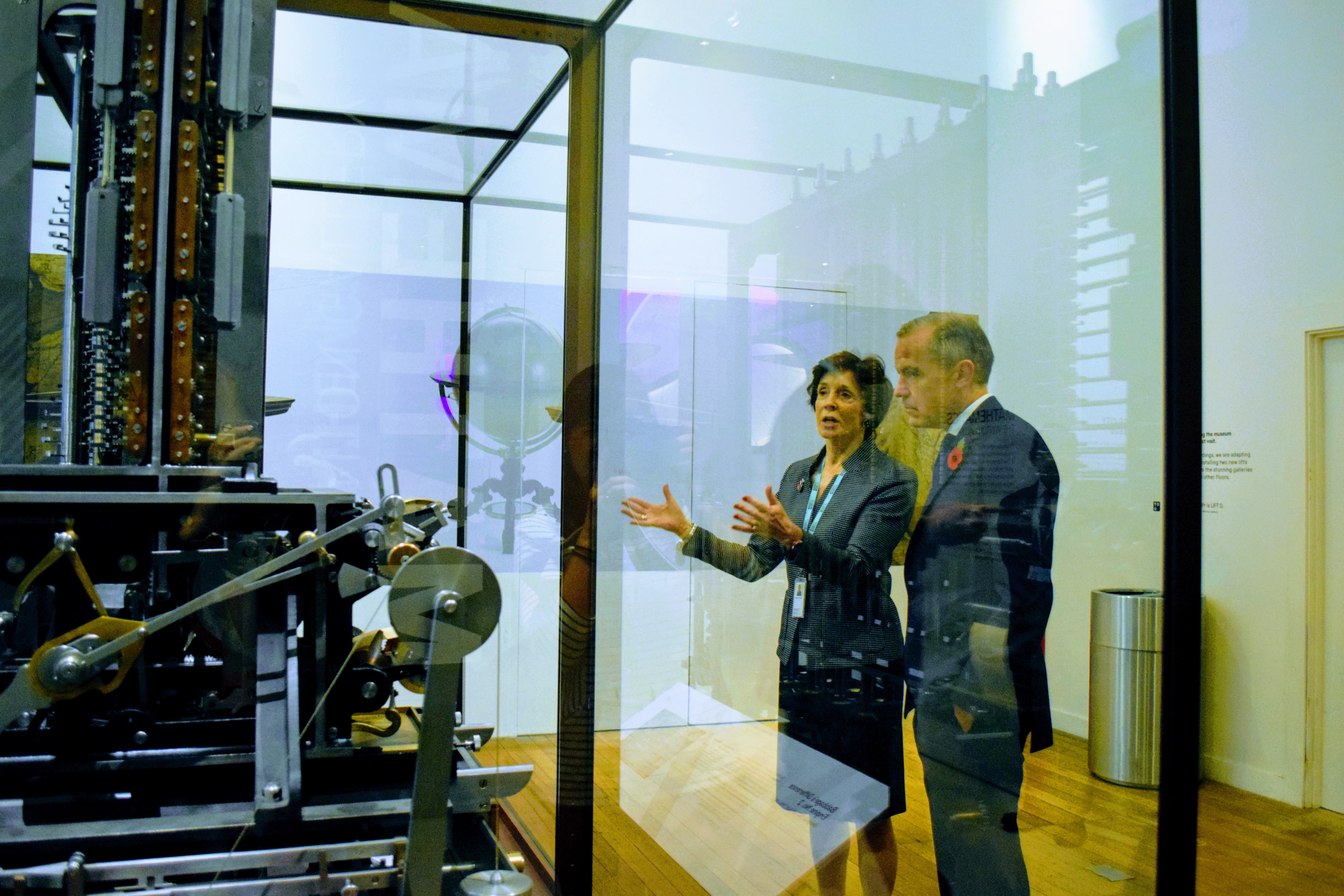 Dame Mary Archer, Chair of the Board of Trustees of the Science Museum shows Bank of England Governor Mark Carney around the Science Museum © Lopa Patel