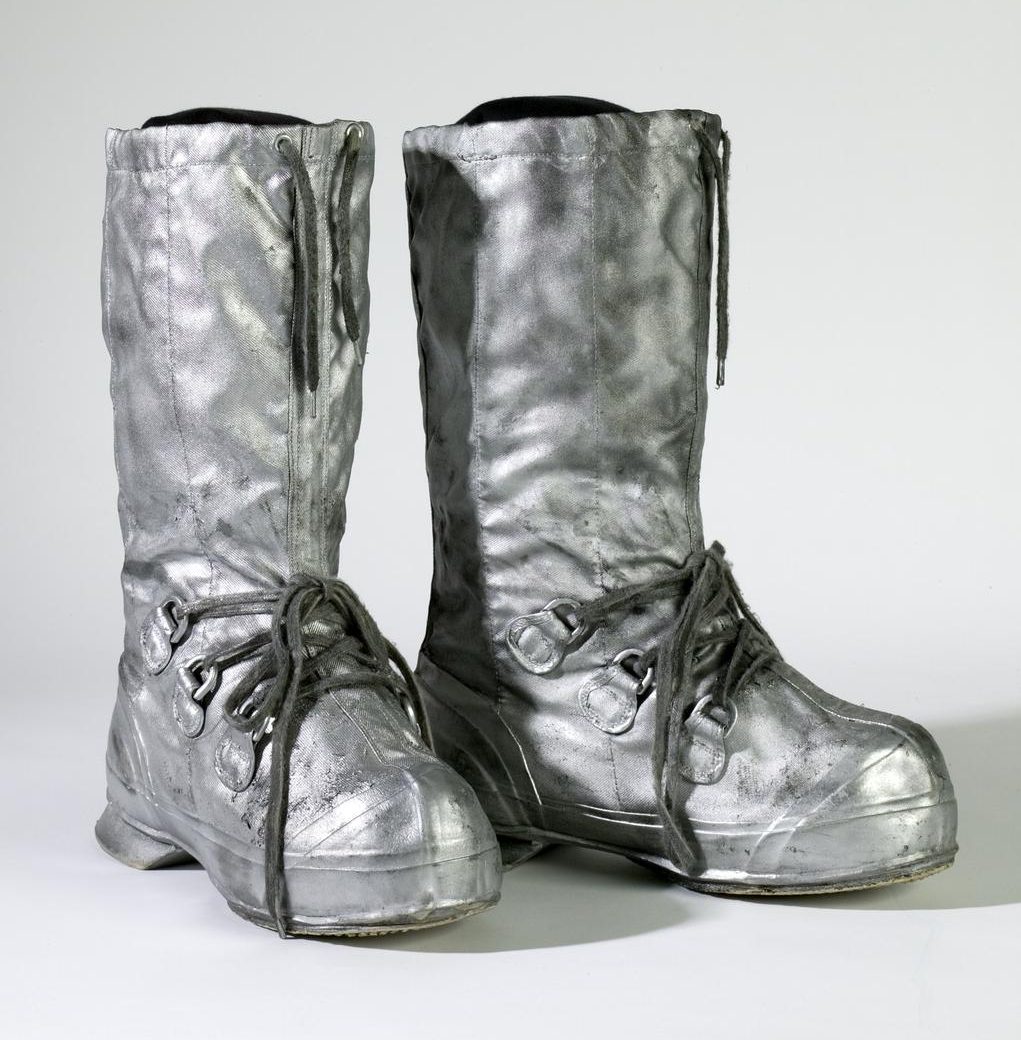 'Cyberman' costume boots as used in the T.V. series 'Dr Who', worn for the making of the 'Silver Nemesis' series in 1988.