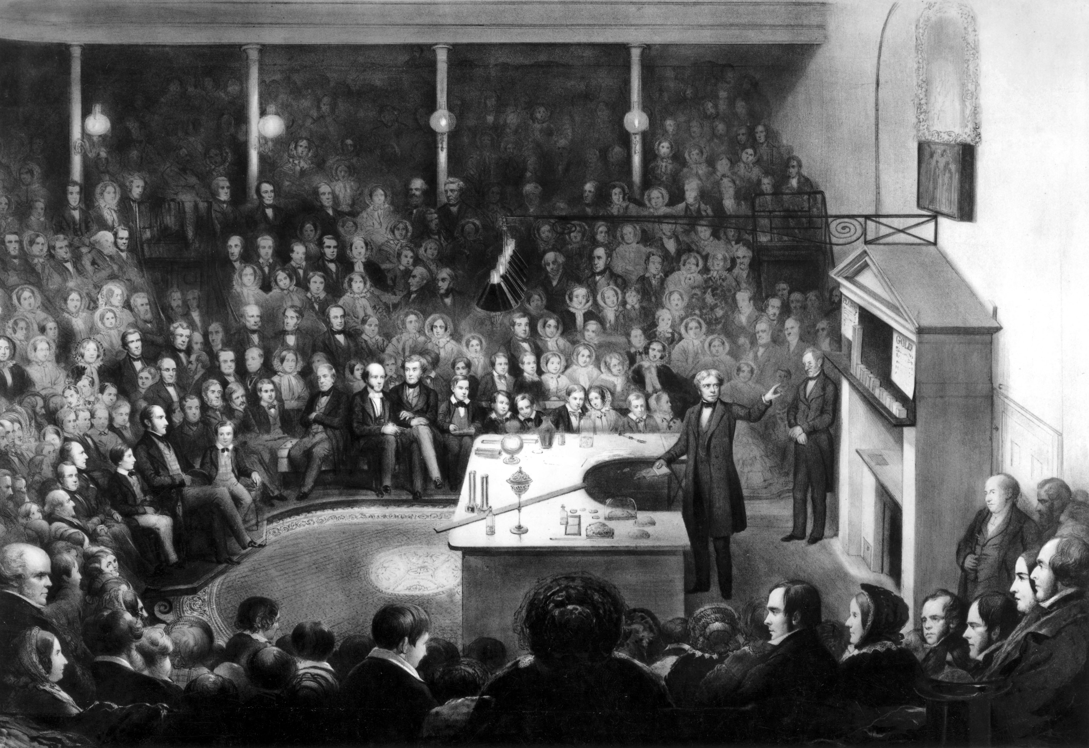 Michael Faraday’s Christmas Lecture before Prince Albert and the Royal children, 1855. Science and Society Picture Library