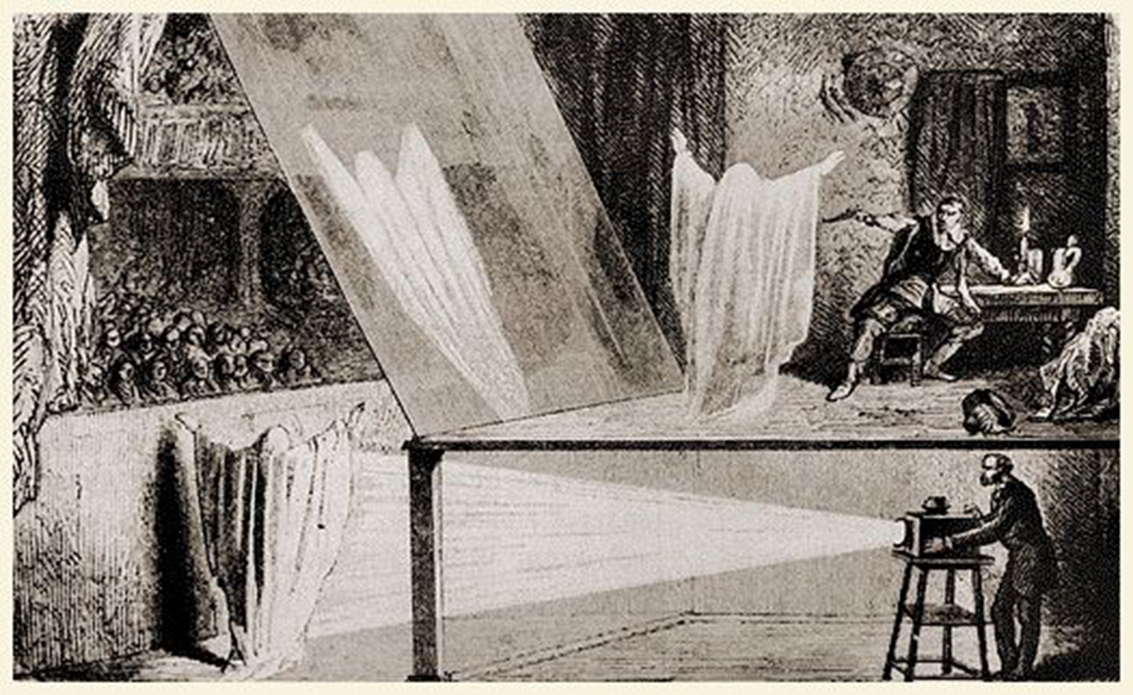 Illustration of how Pepper’s Ghost illusion worked, 1869.