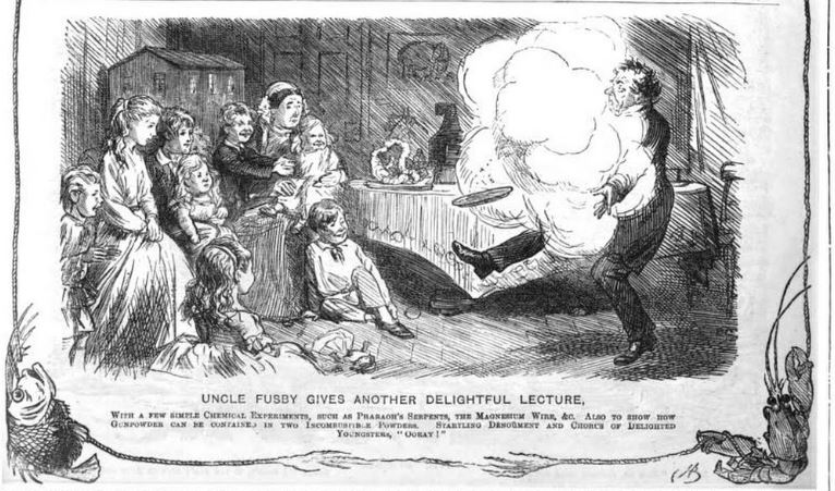 Illustration of ‘uncle fussy’ giving a chemistry lecture to his family at Christmas, from Punch, 1866