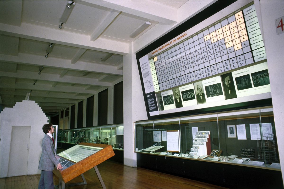 Animated periodic table on display in the Chemistry Gallery at the Science Museum from 1964-1977.