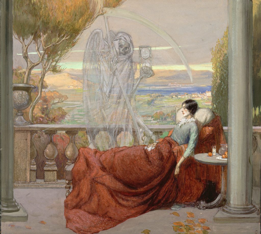 A sickly young woman sits covered up on a balcony; death (a ghostly skeleton clutching a scythe and an hourglass) is standing next to her; representing tuberculosis. Watercolour by R. Cooper, ca. 1912. Credit: Wellcome Collection