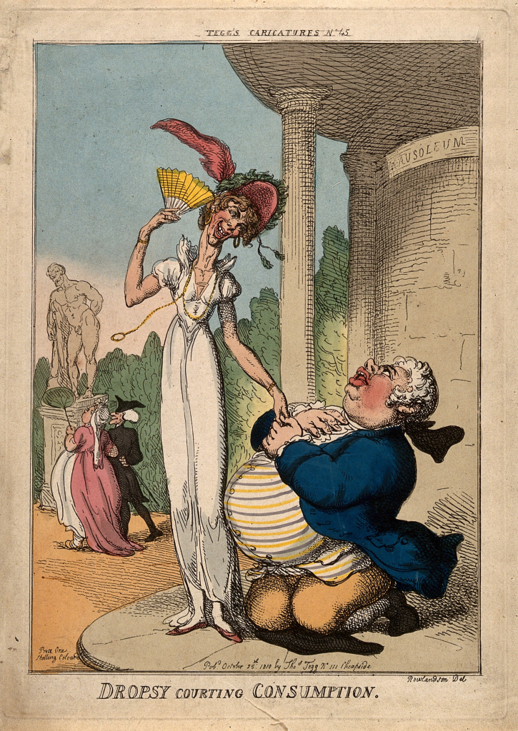 Symbolical figures of 'dropsy' and 'consumption' flirting outside a mausoleum. Credit: Wellcome Collection