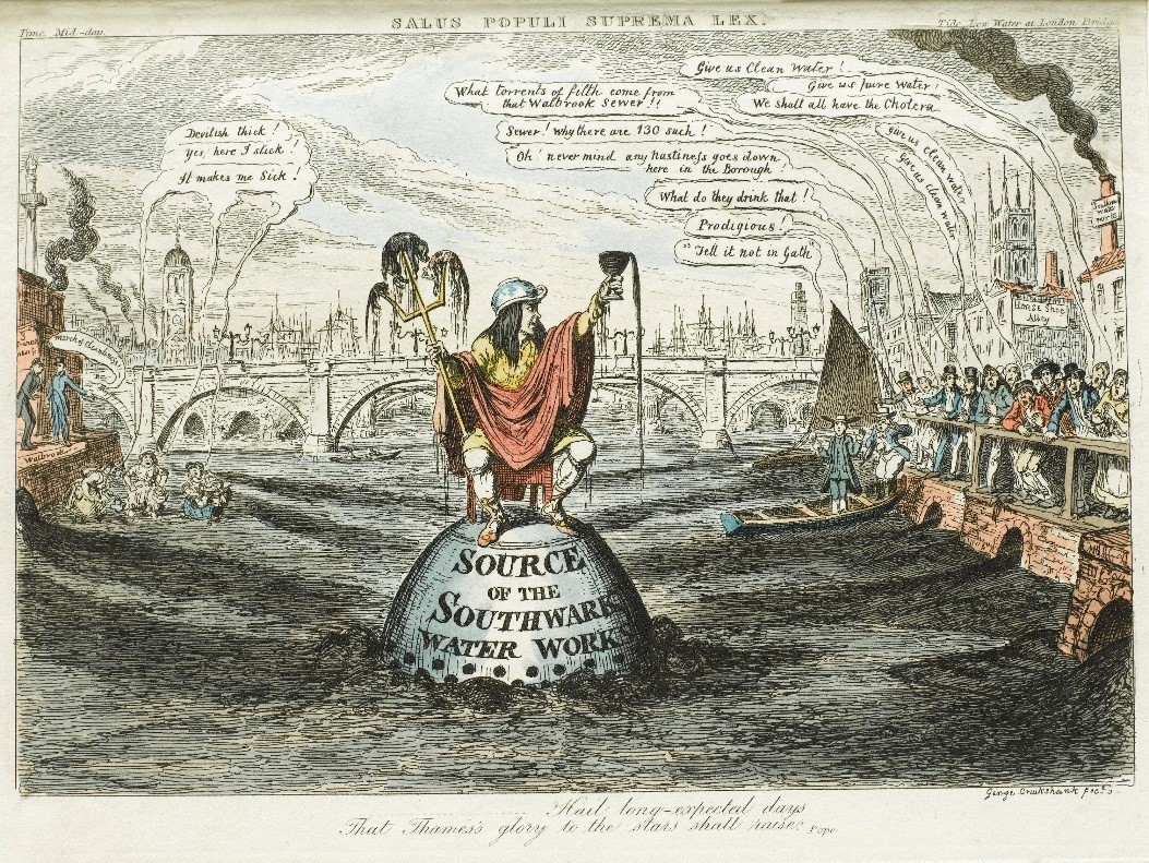 Satirical illustration of the polluted River Thames, by George Cruikshank, London, England, 1832