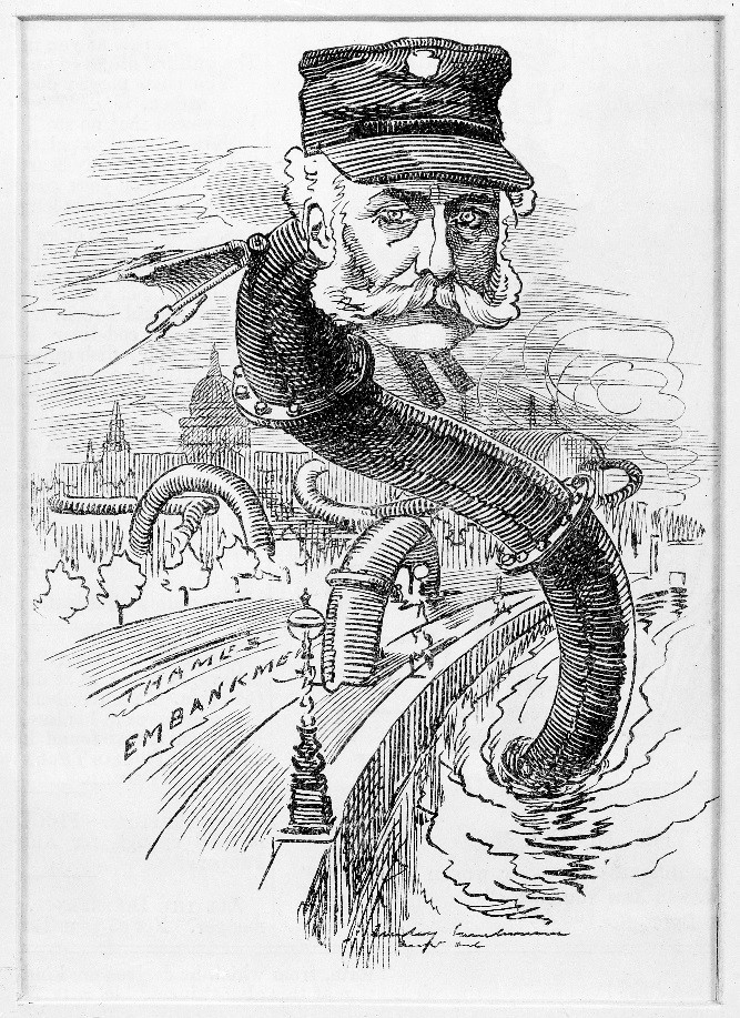 Bazalgette as the "Sewer Snake", in a cartoon from Punch magazine, 1883. Credit: Wellcome Collection