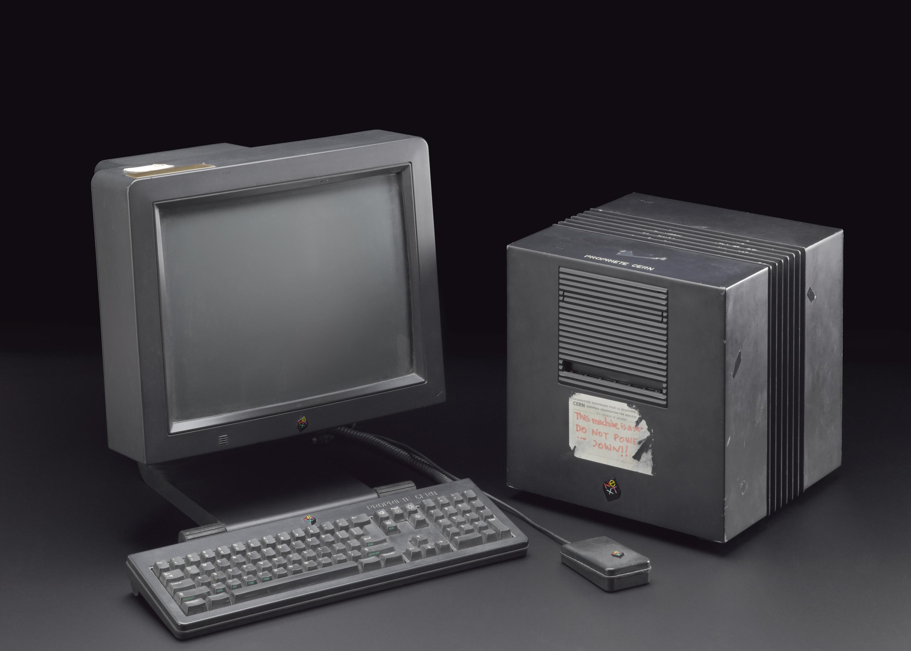 "NeXTcube," a NeXT computer, including screen, keyboard and mouse, made by NeXT, Redwood City, California, United States, 1990. Used by Tim Berners-Lee to design the World Wide Web, at CERN, 1990.