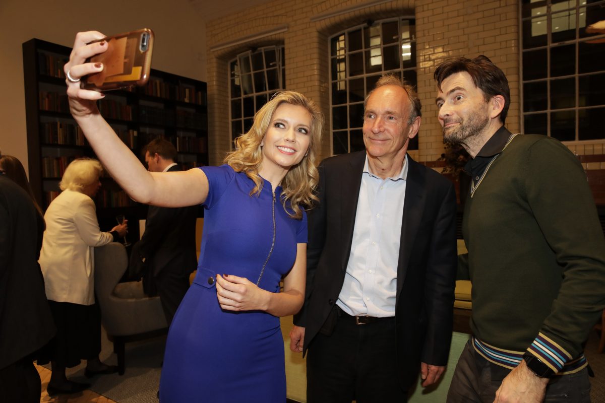 Broadcaster Rachel Riley takes a selfie with web inventor Sir Tim Berners-Lee and actor David Tennant.