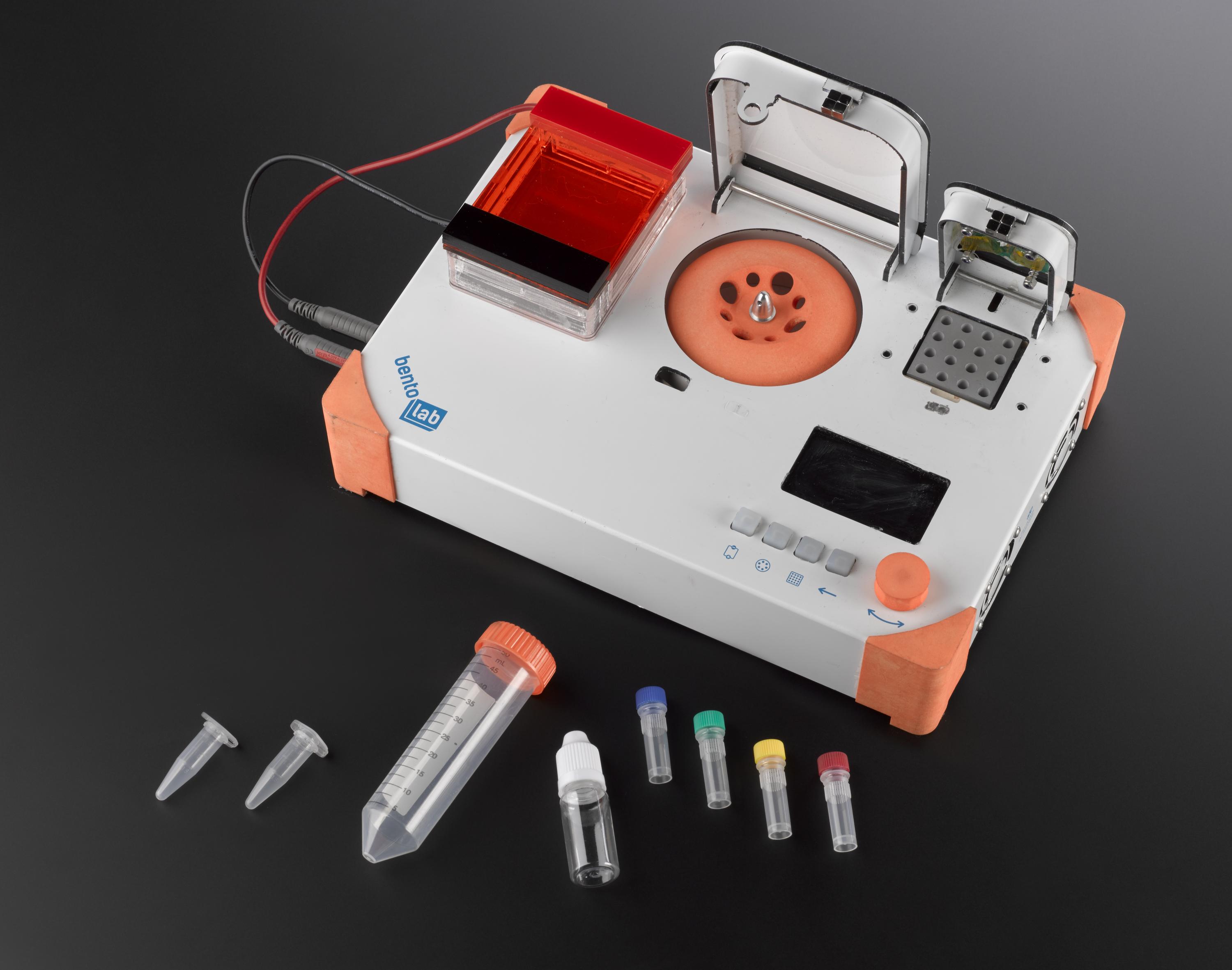 Bento Lab, a table-top laboratory encasing a PCR machine, centrifuge and gel electrophoresis unit. Can be used for forensic DNA analysis.