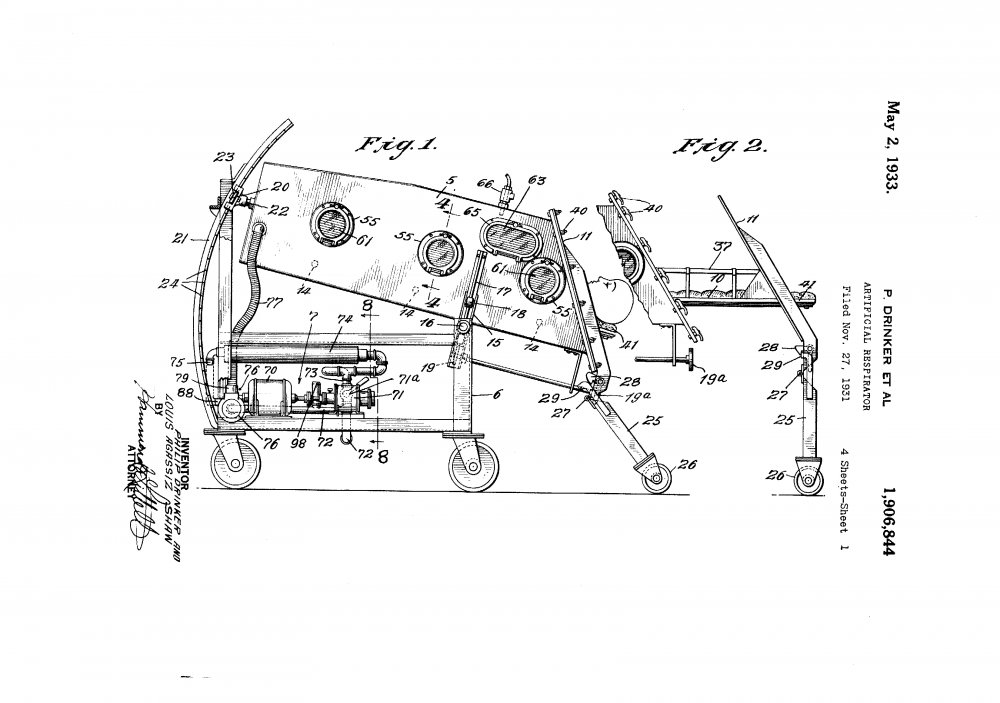 Diagram from Philip Drinker's patent for an artificial respirator. US Patent no. 1906 844, 1933. United States Patent and Trade Mark Office