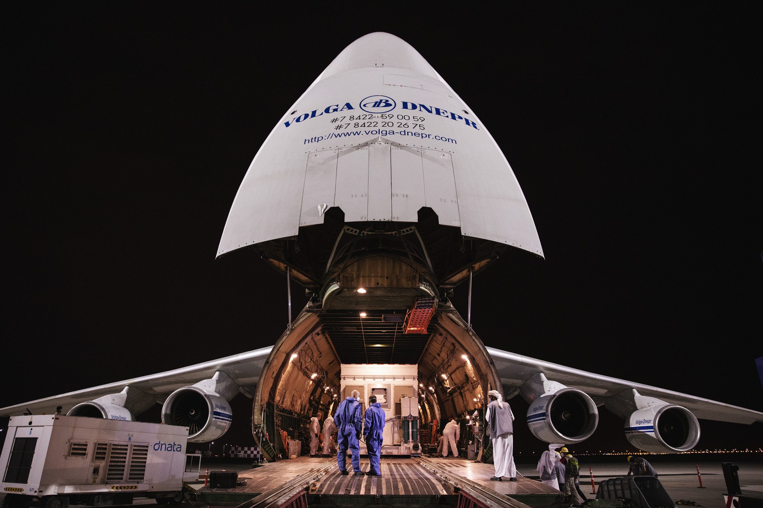 A crated Hope spacecraft in a mighty Antonov aircraft for transfer from the UAE to Japan.