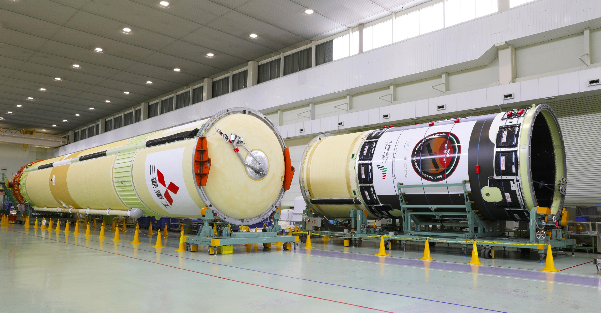 The two main stages of Hope’s H-IIA rocket before assembly and launch.