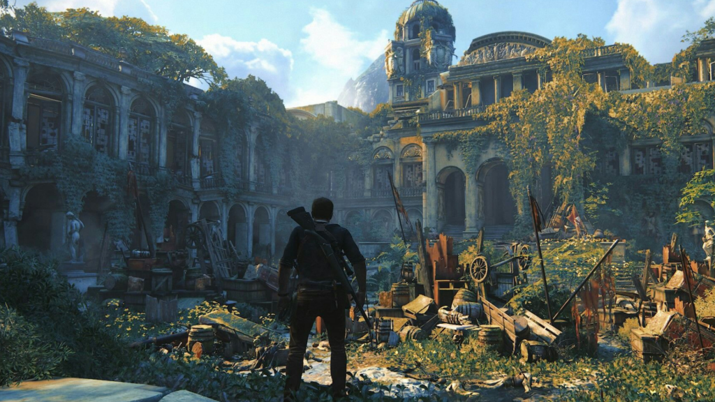 a figure from Uncharted 4: A Thief’s End (2016) standing in front of ruins. 