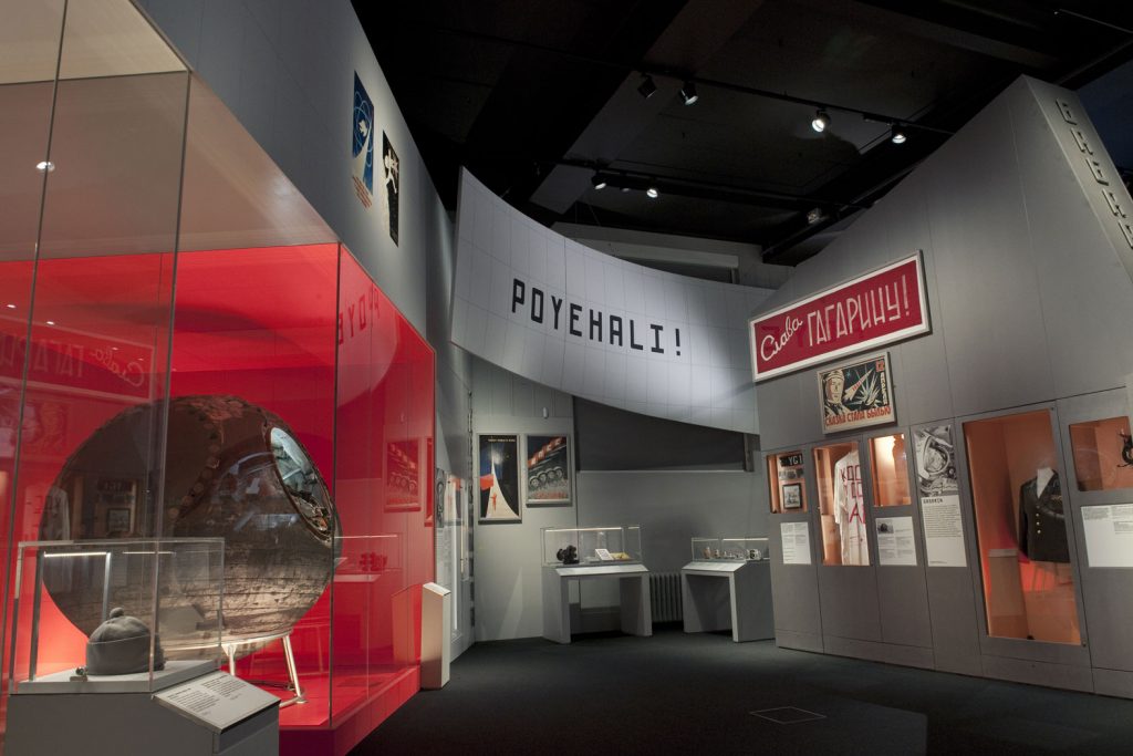 The Gagarin display in the Cosmonauts exhibition (2015). The Vostok spacecraft of Valentina Tereshkova, first woman in space, is on the left.