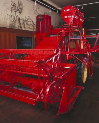 A red combine harvester