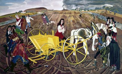 Mural of the agricultural pioneer Jethro Tull demonstrating his seed drill to rowcrop farm workers