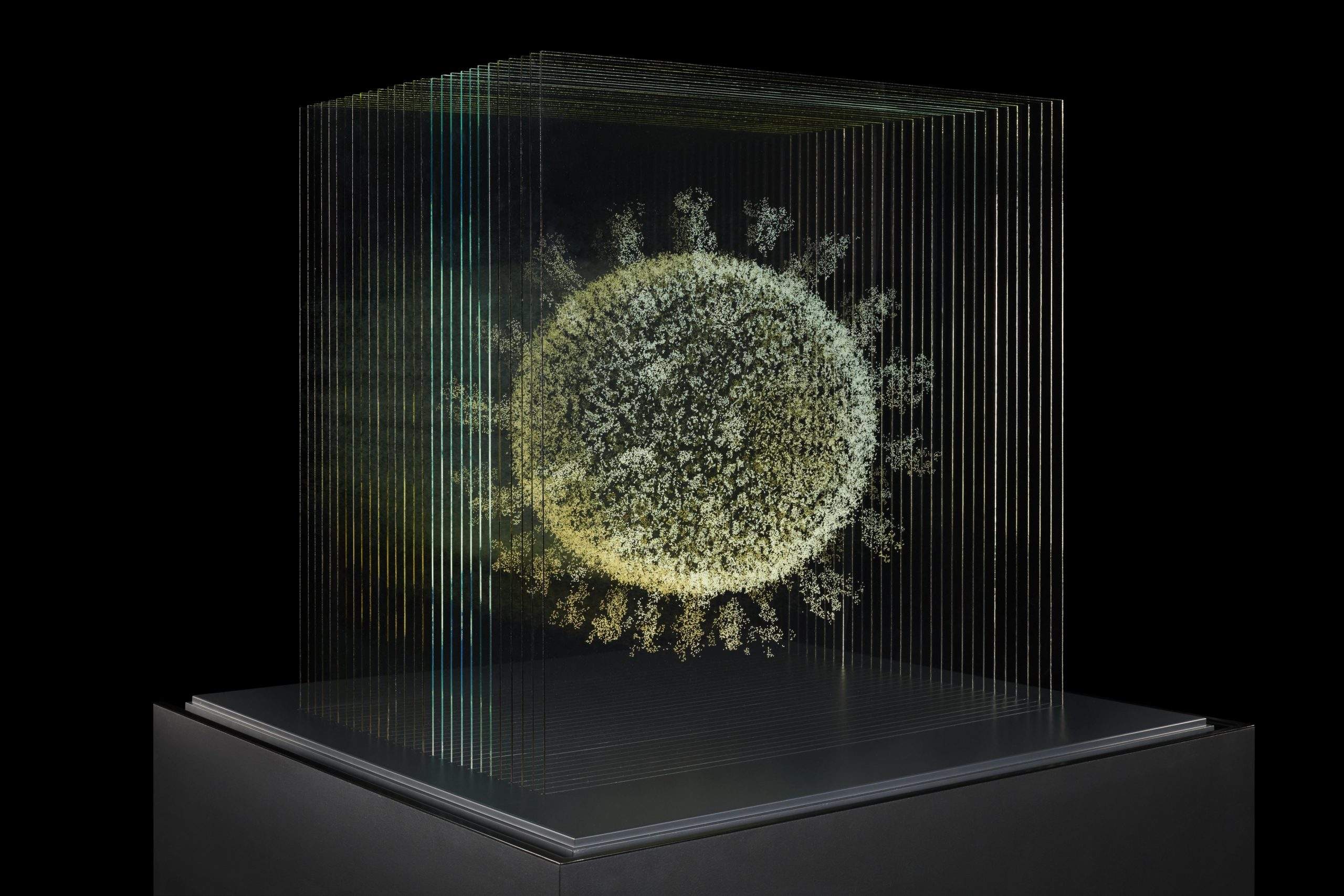 A green glowing glass sculpture of a coronavirus within it's display case