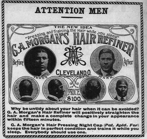 Black and white print advert for hair refiner cream and hair pressing night cap