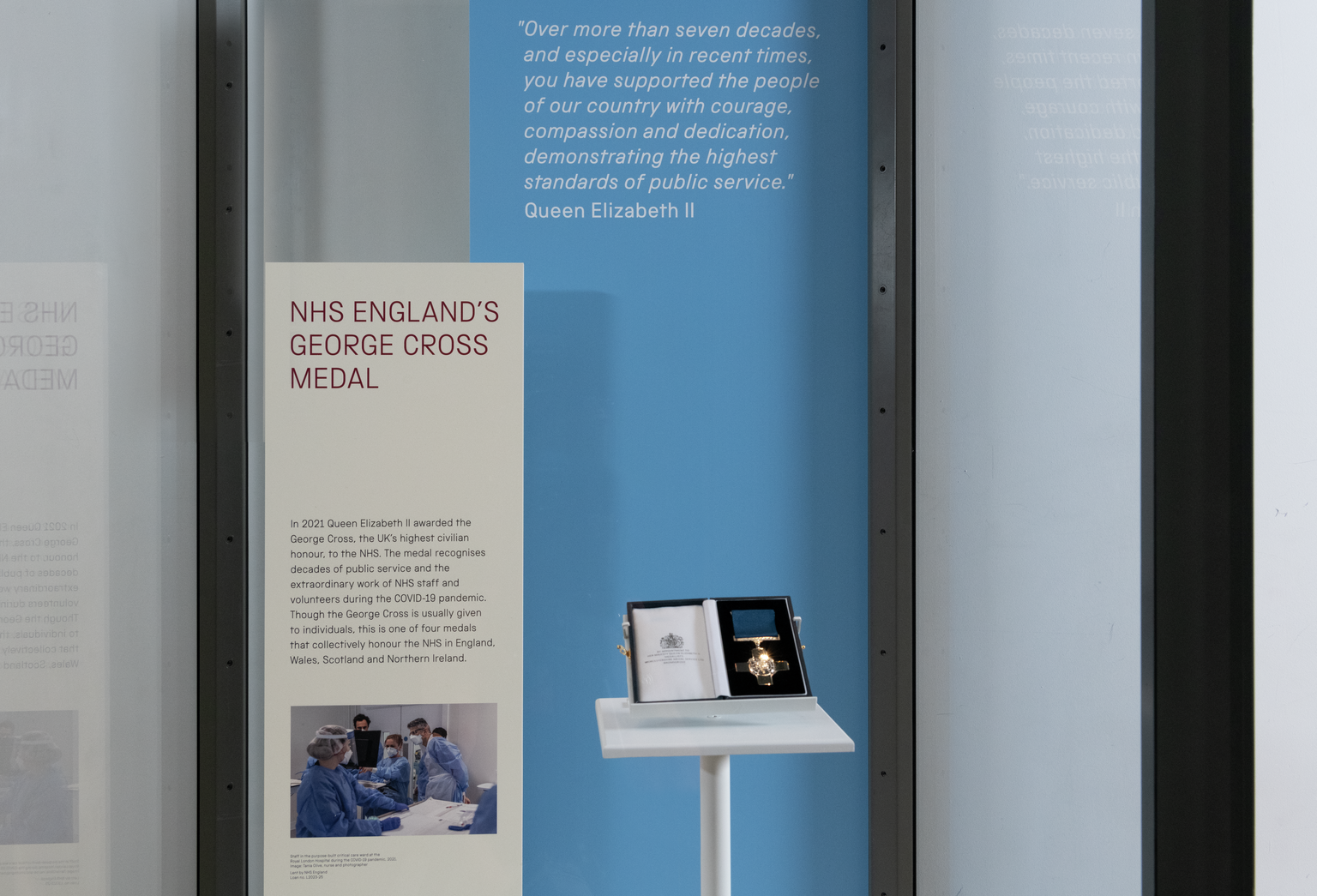 The George Cross medal awarded to NHS England on display in Medicine: The Wellcome Galleries at the Science Museum.