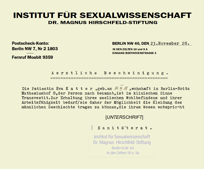 Pass issued by the Institute for Sexual Science to Gerd Katter under his birthname Eva. 