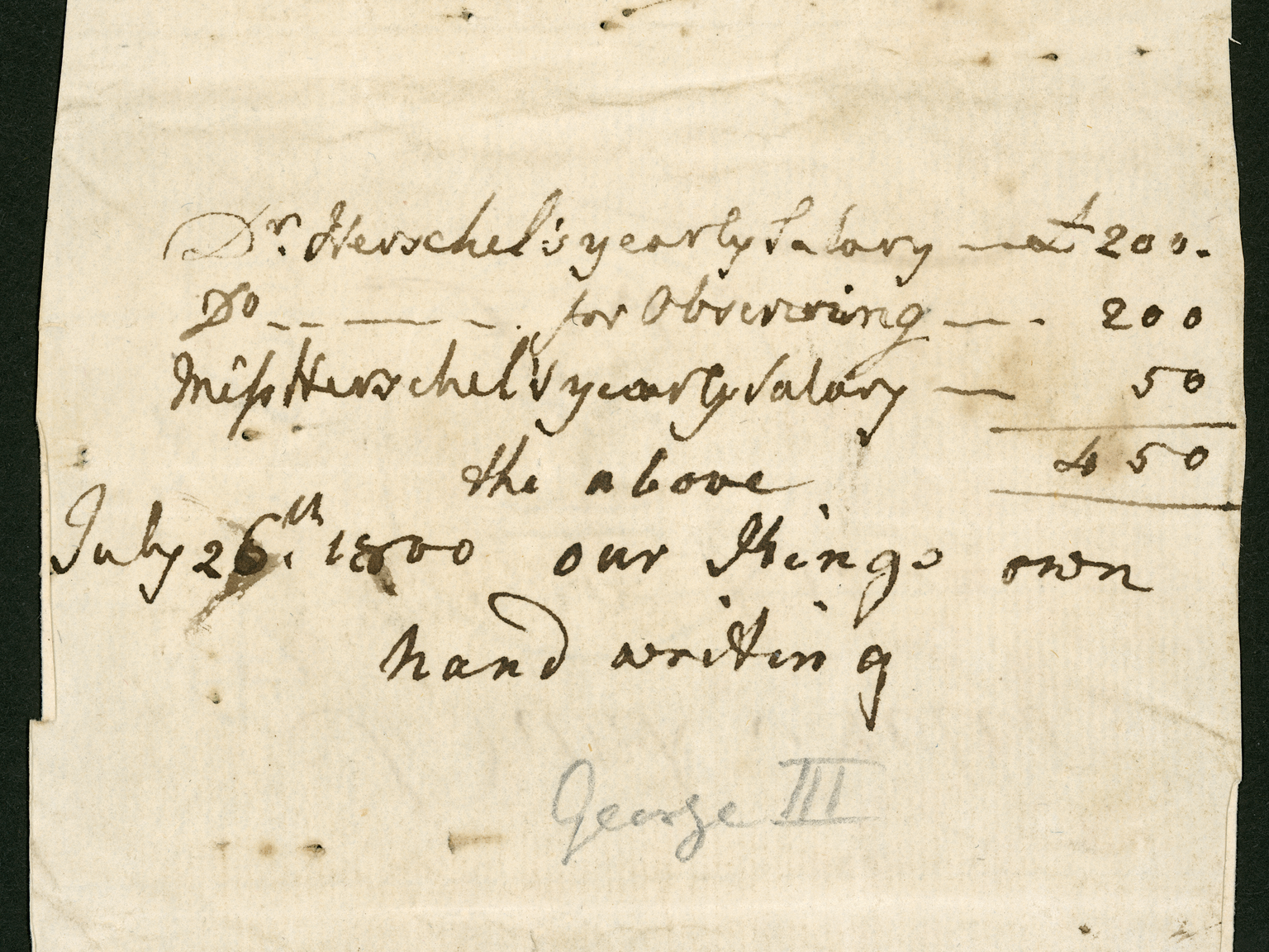 This 1800 letter from George III awards Caroline an annual salary of £50. It's on display in Cosmos & Culture. (Science Museum)