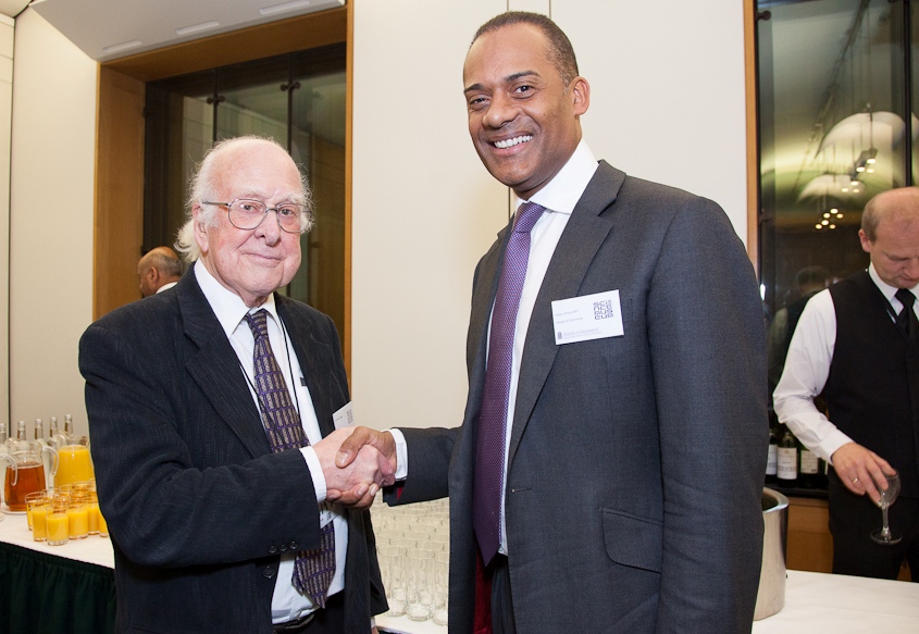 Adam Afriyie, Chairman of POST, congratulates Professor Peter Higgs on his recent Nobel Prize for physics. Credit: Smith and Scholey.