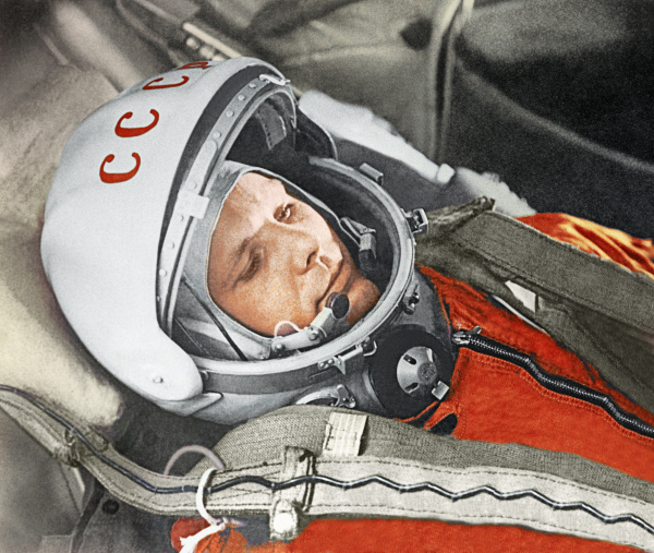 Cosmonaut Yuri Gagarin aboard the Vostok spacecraft.