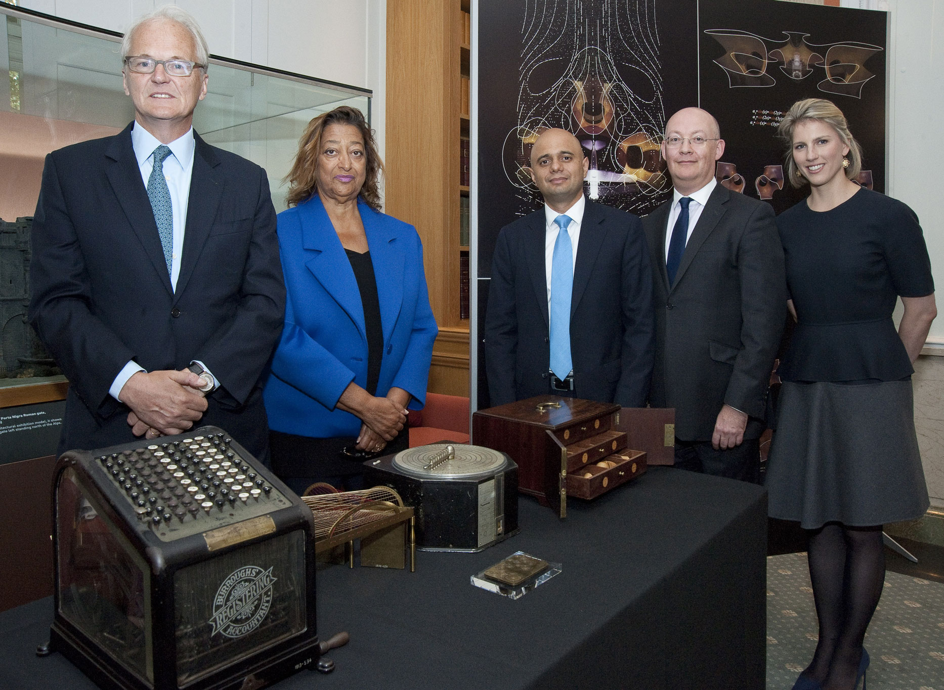 David Harding, Dame Zaha Hadid, the Rt Hon Sajid Javid MP, Ian Blatchford and Claudia Harding (L-R) announcing the new Maths Gallery.