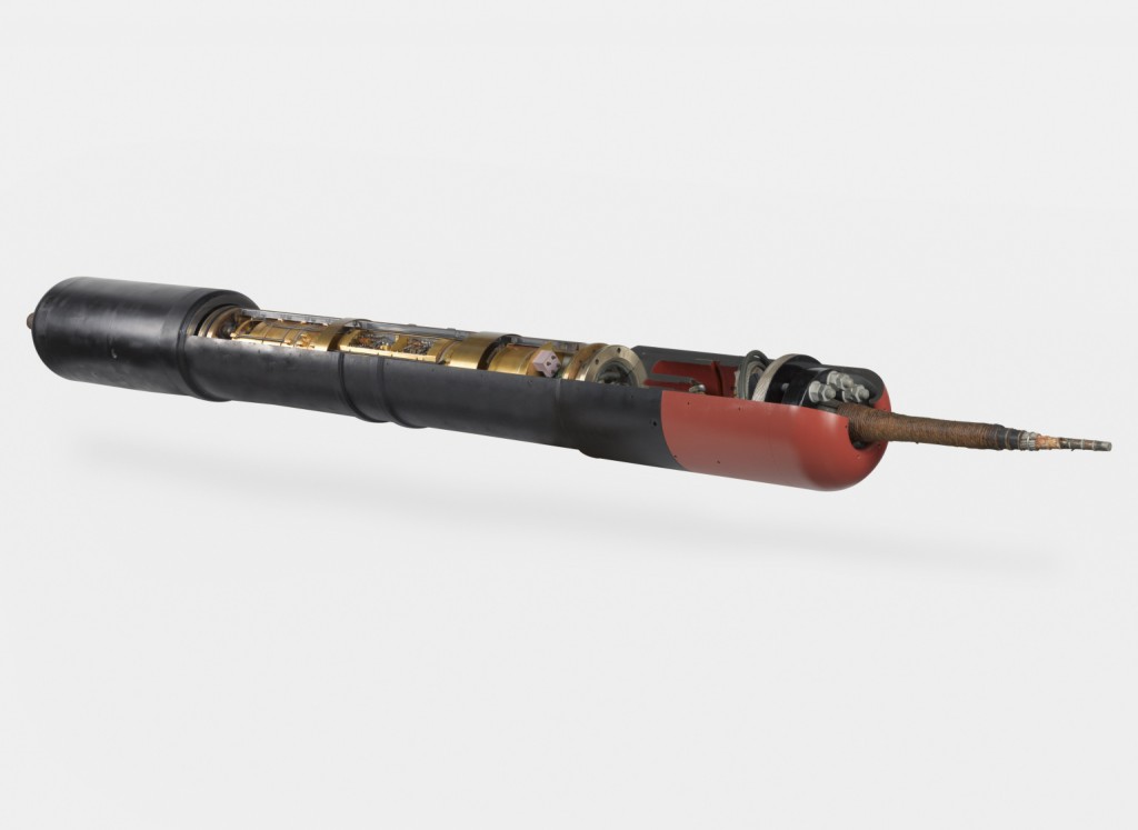 Sectioned submerged repeater for TAT-1 the first trans-Atlantic telephone cable, designed at the Post Office Research Station at Dollis Hill, made by Standard Telephones and Cables Limited, Woolwich, London, England, 1956. Image credit: Science Museum