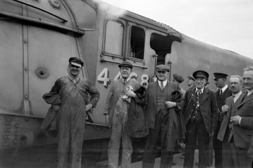 Mallard’s triumphant record breaking team. From left – fireman Tommy Bray and driver Joe Duddington who had worked on Mallard since it was built and knew what it could do.