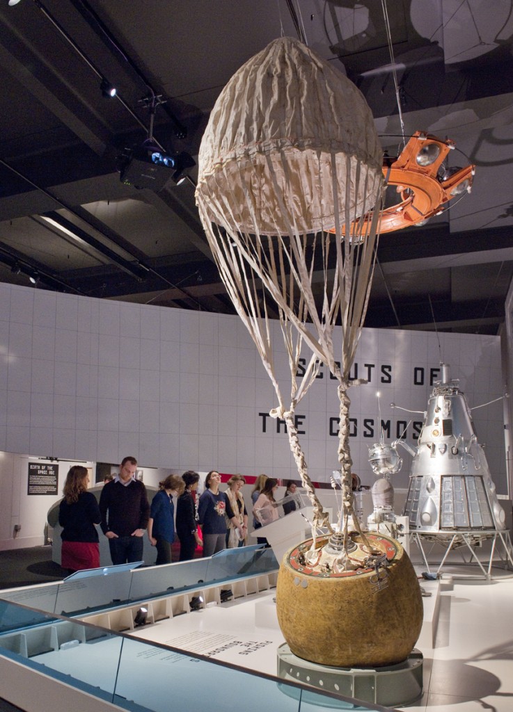 Venera 7 lander and parachute (engineering model, 1970) in Cosmonauts: Birth of the Space Age © Science Museum