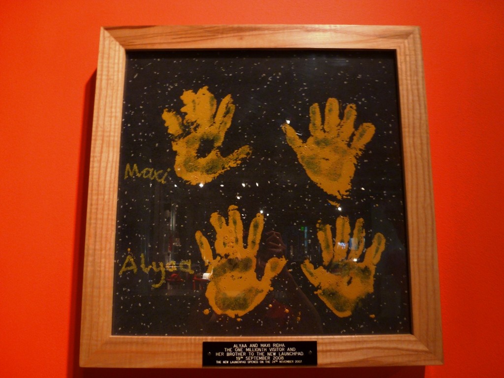 Handprints of Alyaa (and her brother Maxi) who was the 1 millionth visitor to latest version of Launchpad. Credit: Science Museum.
