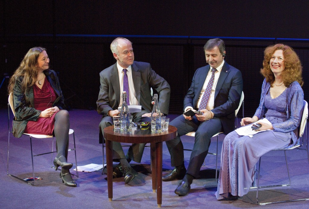 Cosmonauts: Birth of the Space Age event, “Are We Destined to Live in Space?” a philosophical discussion about the question of whether we really are destined to live in space. Speakers, Russian cosmonaut Aleksandr Lazutkin (2nd from right), who spent 184 days on the Mir space station, space law and colonisation expert Dr Jill Stuart(left), philosopher Professor Angie Hobbs (right) and moderator Doug Millard (2nd from left), the Senior Curator of Cosmonauts.