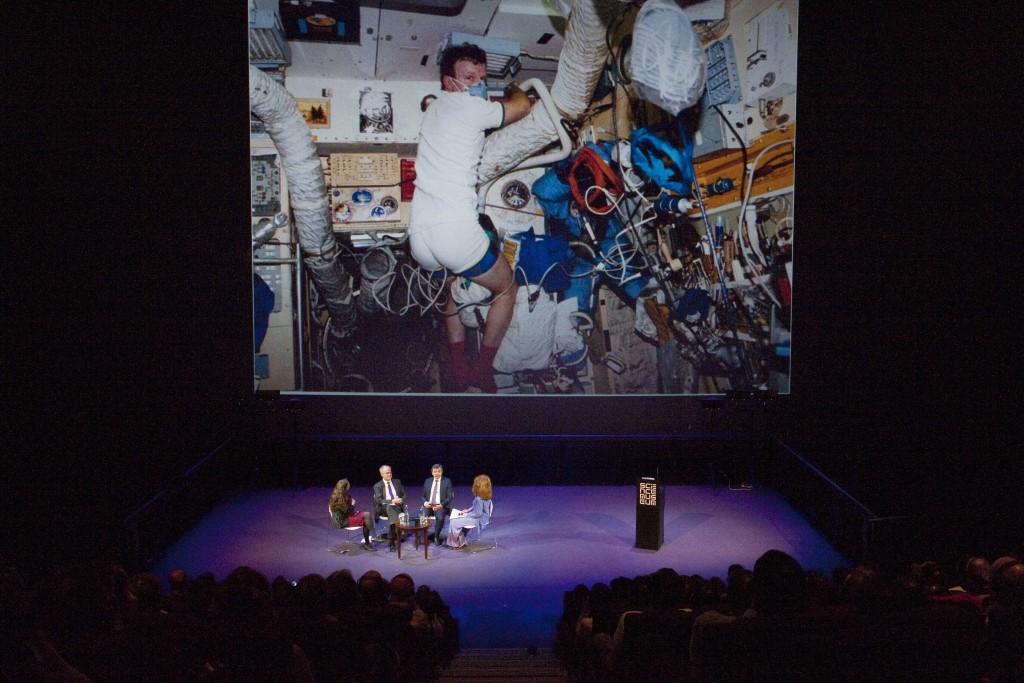 Cosmonauts: Birth of the Space Age event, “Are We Destined to Live in Space?” a philosophical discussion about the question of whether we really are destined to live in space. Speakers, Russian cosmonaut Aleksandr Lazutkin (2nd from right), who spent 184 days on the Mir space station, space law and colonisation expert Dr Jill Stuart(left), philosopher Professor Angie Hobbs (right) and moderator Doug Millard (2nd from left), the Senior Curator of Cosmonauts.