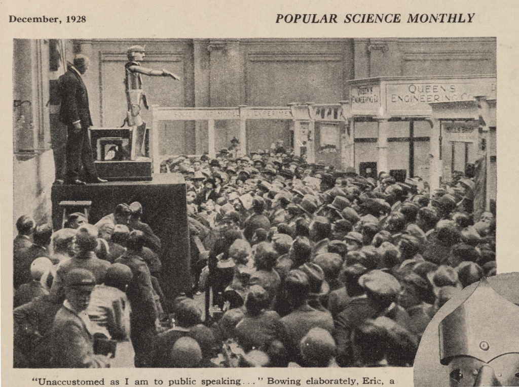 Eric the robot opening the Model Engineering Exhibition in London, taken from Popular Science Monthly, 1928.