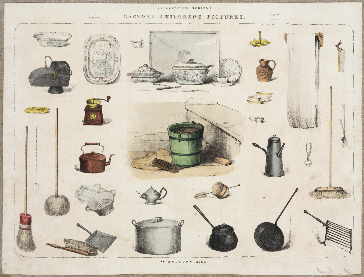 Another lithograph "Darton's Children's Pictures" (c. 1870-1900) showing a whole range of contemporary kitchen equipment. Can you spot the coffee mill or the sugar nippers?