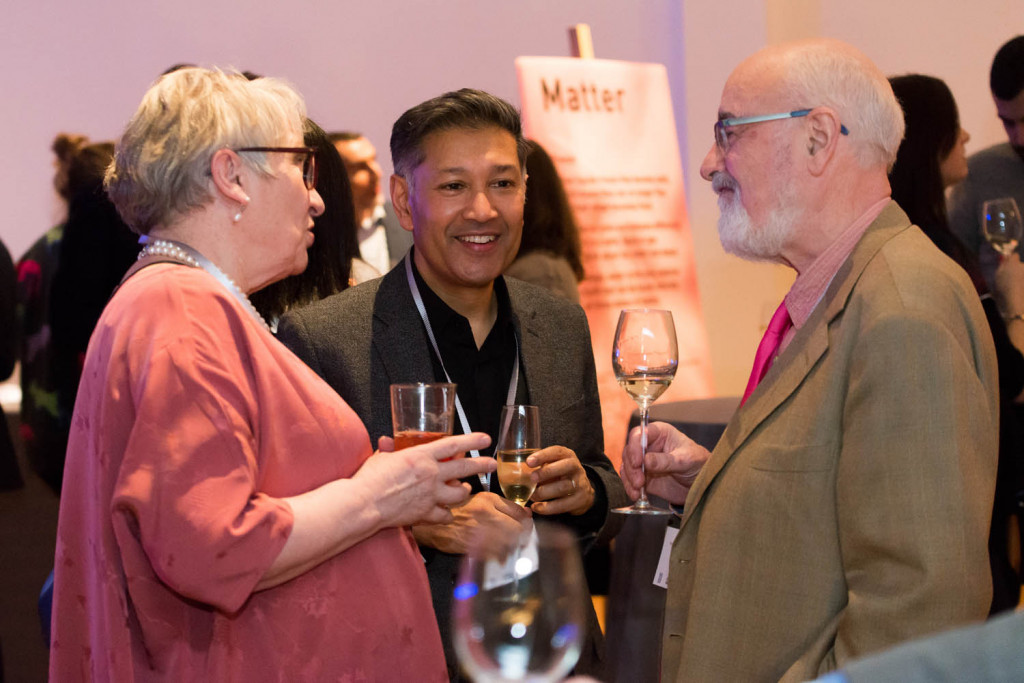 Dame Uta Frith speaking with Professor Saiful Islam and Sir Chris Frith.