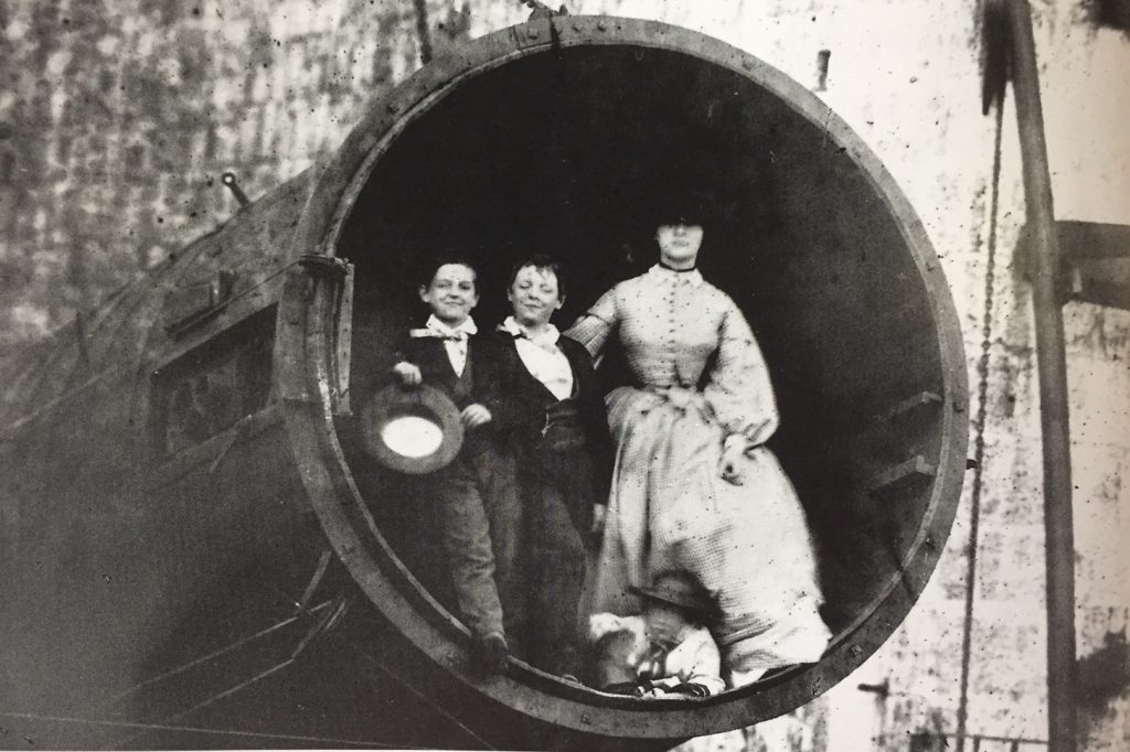 Mary’s photograph of her three sons, Clere, Randal, Charles and Jane Knox (sister of Lord Rosse) at the mouth of the Leviathan. Credit: Birr Trustee Company