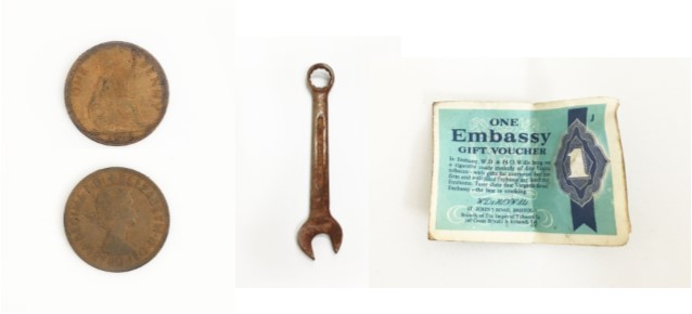 Penny dated 1964, Embassy cigarette card, rusty spanner found inside the Massey-Ferguson combine harvester ©2017 D. Russell.