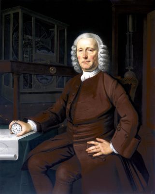 Painting. John Harrison (1693-1776) by Thomas King, c1767. Oil on canvas; 125x100cm in gilt frame 144.5x120x8cm. - Titled centre l, on chronometer, John Harrison. - Portrait: Sitter nearly TQL seated to L beside table holding in right hand, watch made to his design by John Jeffries 1753. Third timekeeper H3, for ascertaining Longitude, delineated in background L. Chronometrical drawing. l. Invention of compound pendulum, background R.